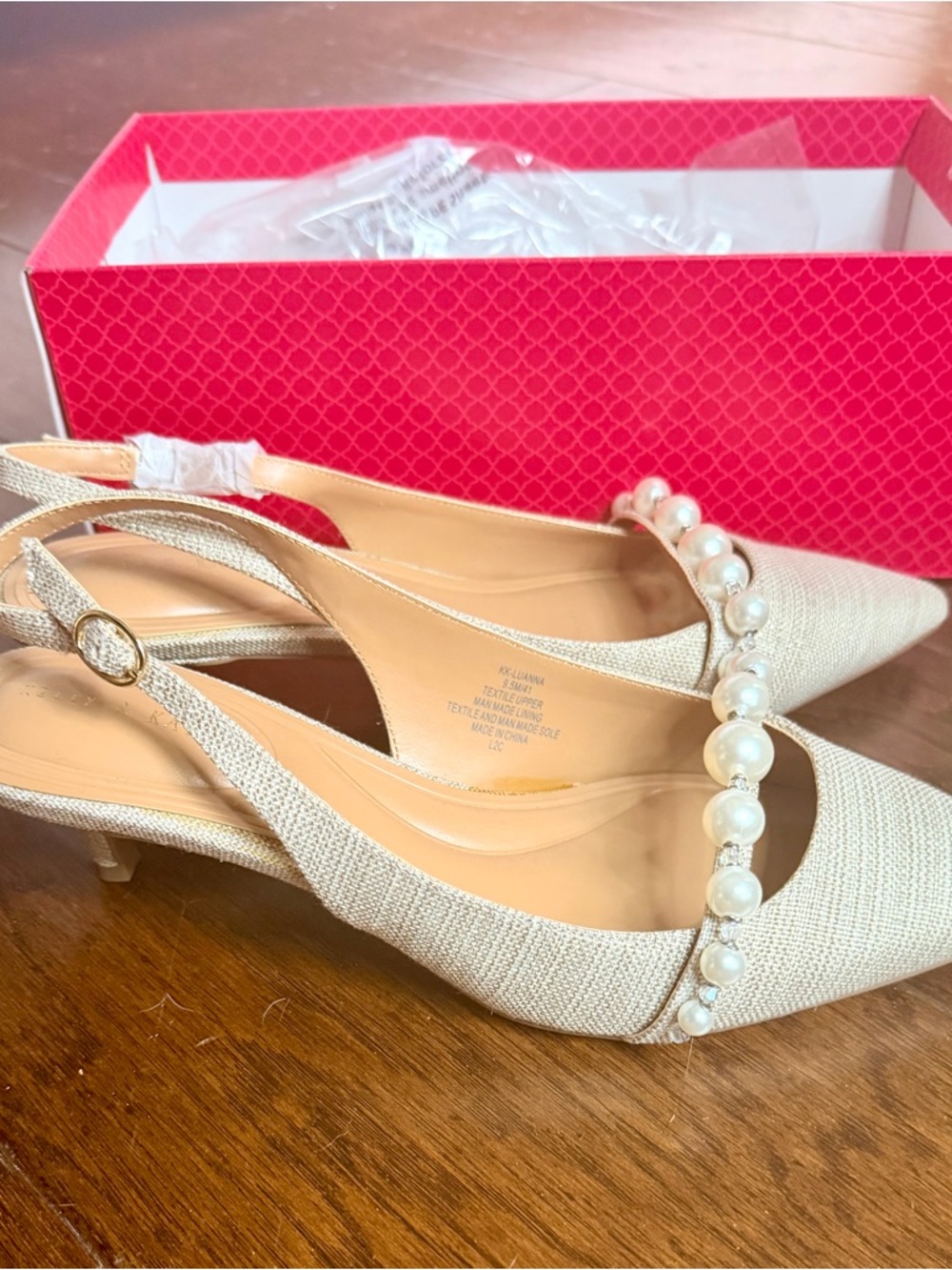 Kelly & Katie Pearl-Trim Beige Slingback Kitten Heels